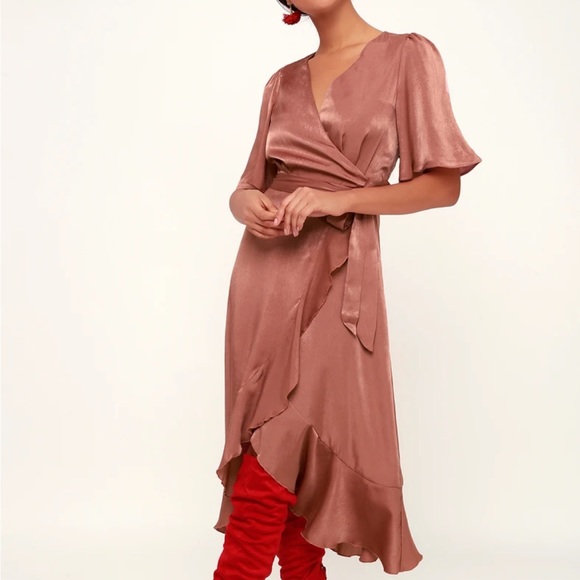 Mauve Satin Wrap Midi Dress - Picture 2 of 10
